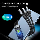 100W 5A Fast Charging 3-in-1 USB Cable – Multi Charging Cable with Type-C, Micro USB & Lightning Connectors | Durable & High-Speed Data Transfer