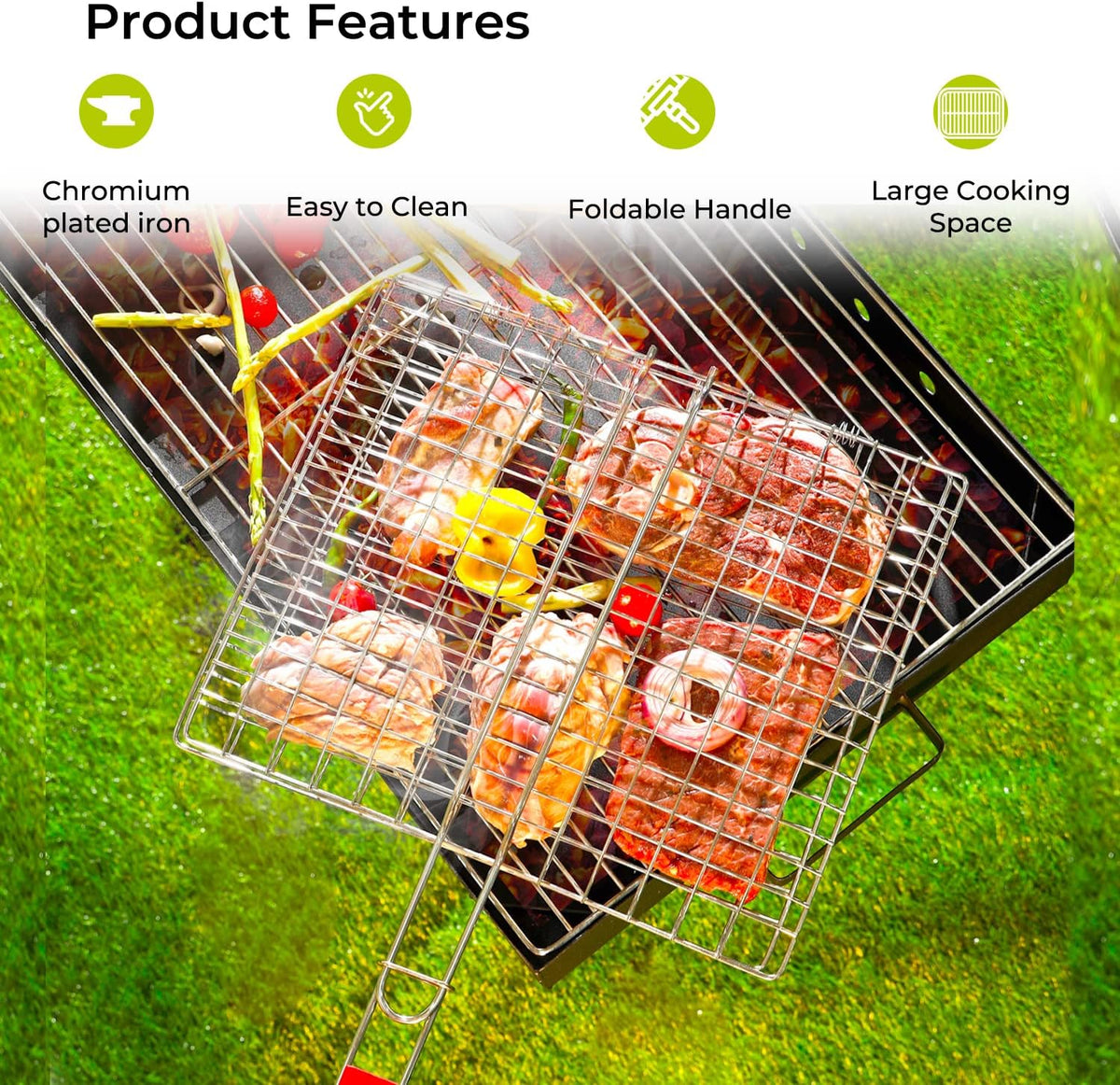 BBQ Stainless Steel Hand Grill Basket | Portable Foldable Handle Grill | Outdoor BBQ Tool for Fish, Chicken & Vegetables