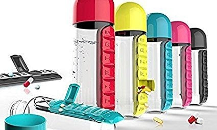 2-in-1 Medicine Organizer with Water Bottle – 7 Days Pill Box, 600ml BPA-Free Drinking Bottle, Removable Cup, Compact Travel Pill Planner for Kids, Adults & Elderly