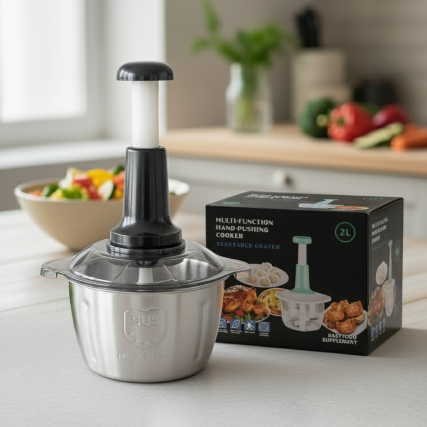 Multi-Function Hand-Pushing Vegetable Grater And Food Processor – 2L Heavy-Duty Metal Body Manual Chopper For Meat, Vegetables, And Baby Food (Random Color)