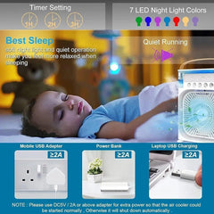 Multi-Function Portable Desktop Air Cooler Fan – High-Velocity Cooling with LED Lighting, Adjustable Speed, and Built-in Humidifier Mist