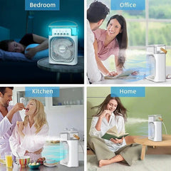 Multi-Function Portable Desktop Air Cooler Fan – High-Velocity Cooling with LED Lighting, Adjustable Speed, and Built-in Humidifier Mist