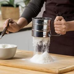 Flour Sifter Stainless Steel – Double Layer Fine Mesh Baking Sifter with One-Hand Press Crank for Cakes & Pastries