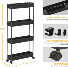 4 Tier Slim Storage Cart with Wheels | Rolling Utility Organizer for Kitchen, Bathroom, Laundry, Office &amp; Bedroom | Space Saving Slide-Out Storage Rack