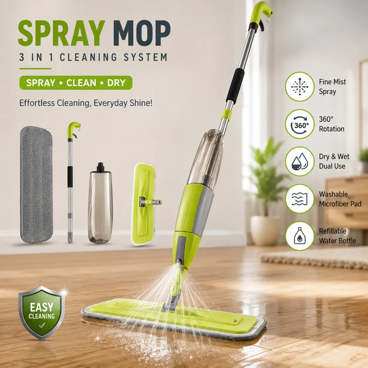 360° Rotating Spray Mop with Refillable Water Tank | Microfiber Flat Floor Cleaning Mop for Hardwood, Tile, Marble, Vinyl & Laminate Floors | Wet & Dry No Bucket Cleaning System with Washable Mop Pads