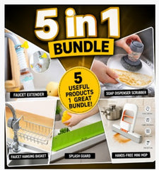 5-in-1 Ultimate Kitchen Cleaning & Sink Organizer Bundle – Faucet Extender, Soap Dispensing Scrubber, Faucet Caddy Rack, Splash Guard with suction cups & Mini Hand Squeeze Mop